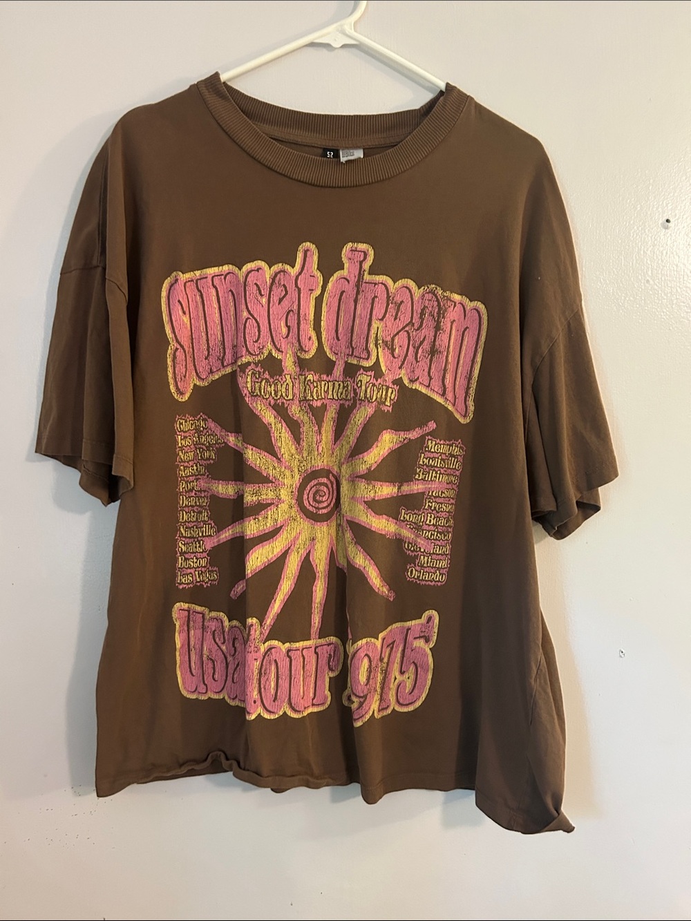 H&M Brown Short Sleeve Tee with Pink & Yellow Retro Sun Graphic
